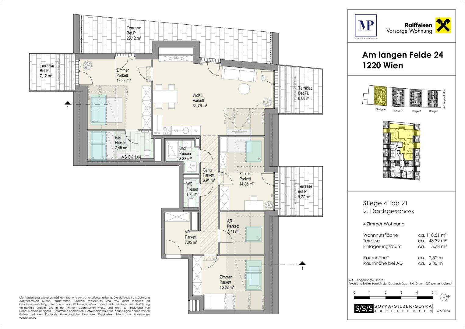 Grundriss der 2. Dachgeschosswohnung mit drei Terrassen und offenem Wohnbereich.