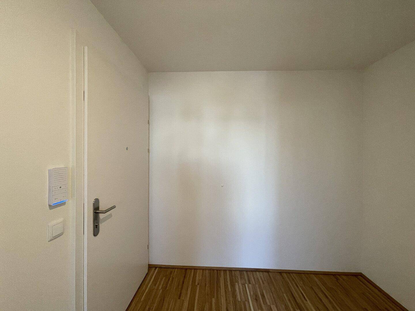Heller Flur mit Holzboden und weißer Tür in einem modernen Neubau.