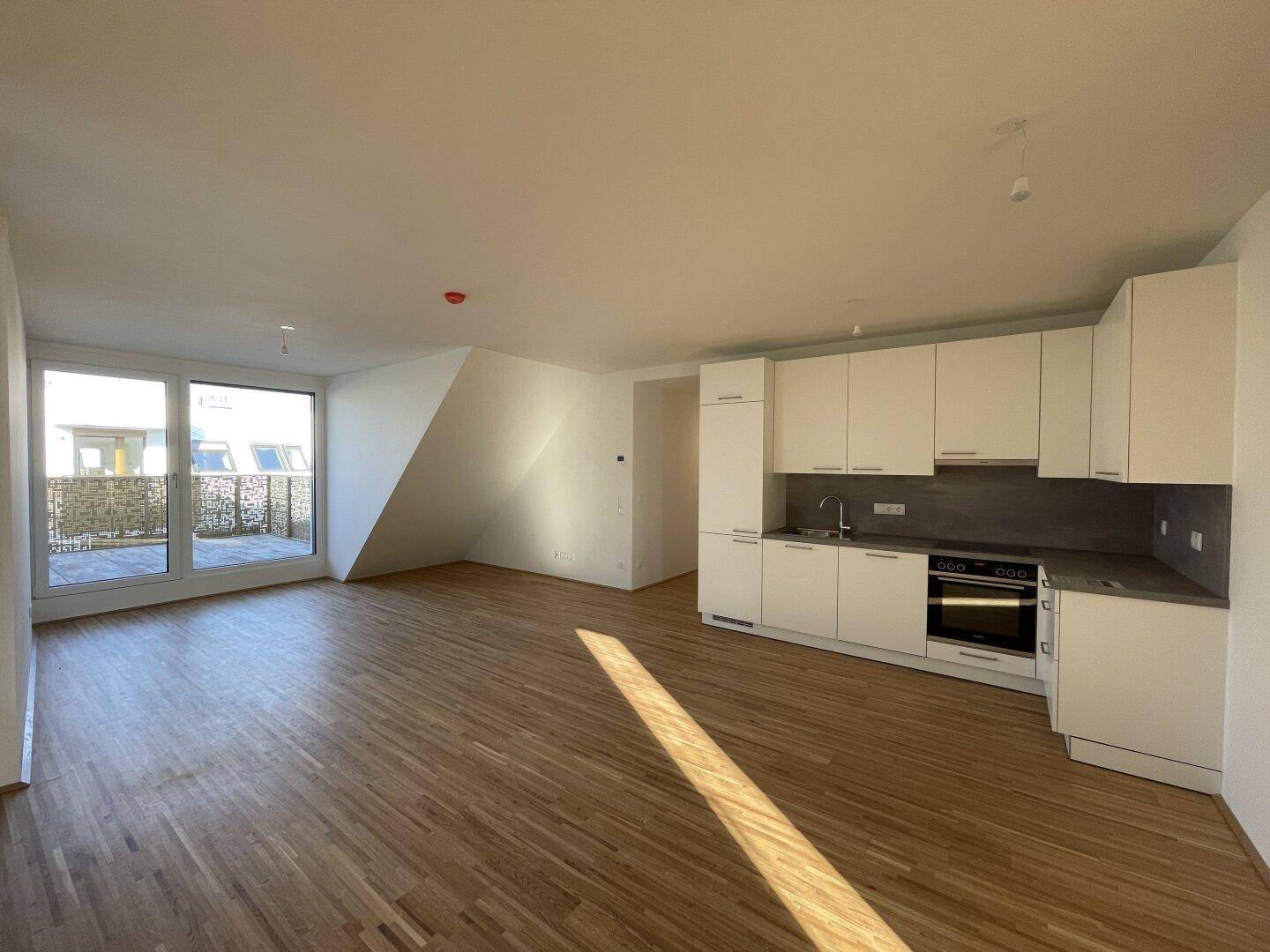 Lichtdurchfluteter Wohn-Essbereich mit Zugang zur Terrasse und moderner Einbauküche.