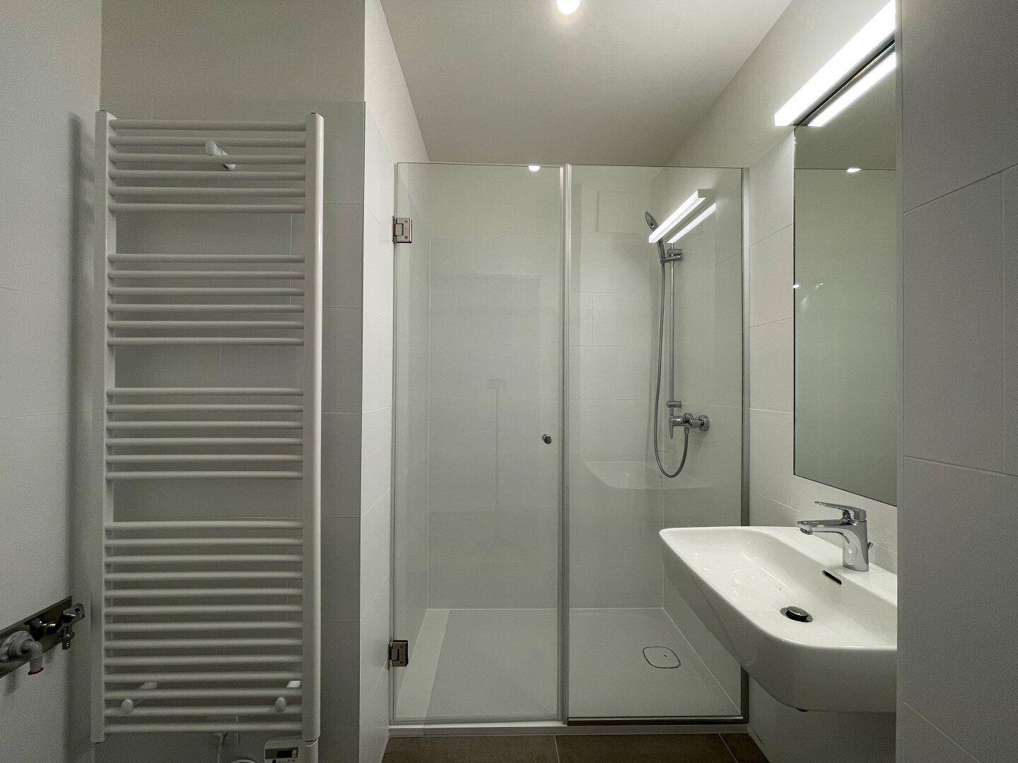Modernes Badezimmer mit Duschkabine, Waschbecken und beheiztem Handtuchhalter.