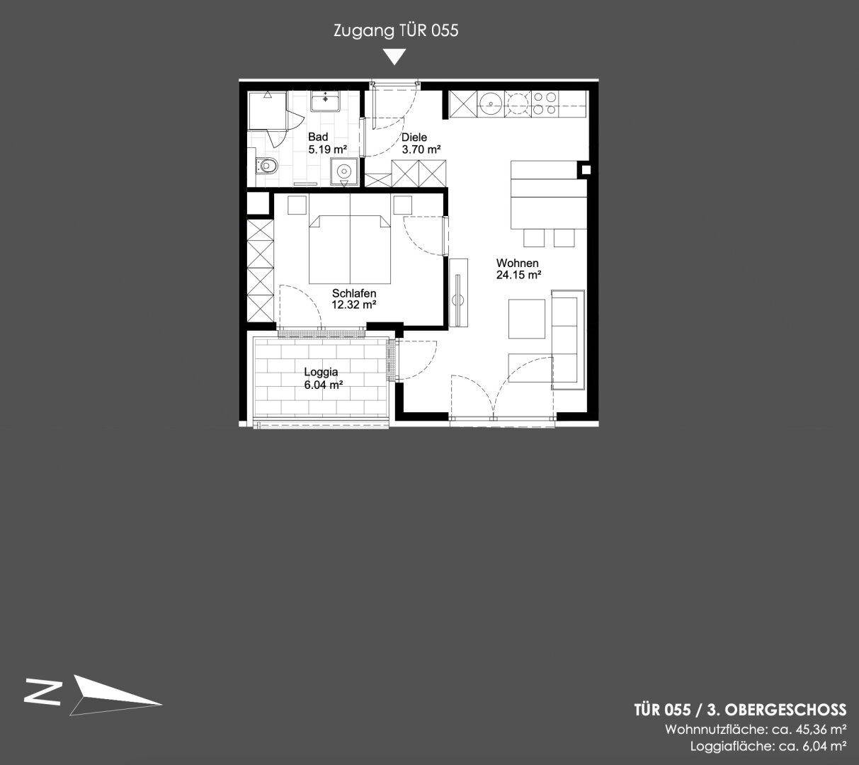 Grundriss einer Wohnung im 3. Obergeschoss mit offenem Wohnbereich, Schlafzimmer und Loggia.