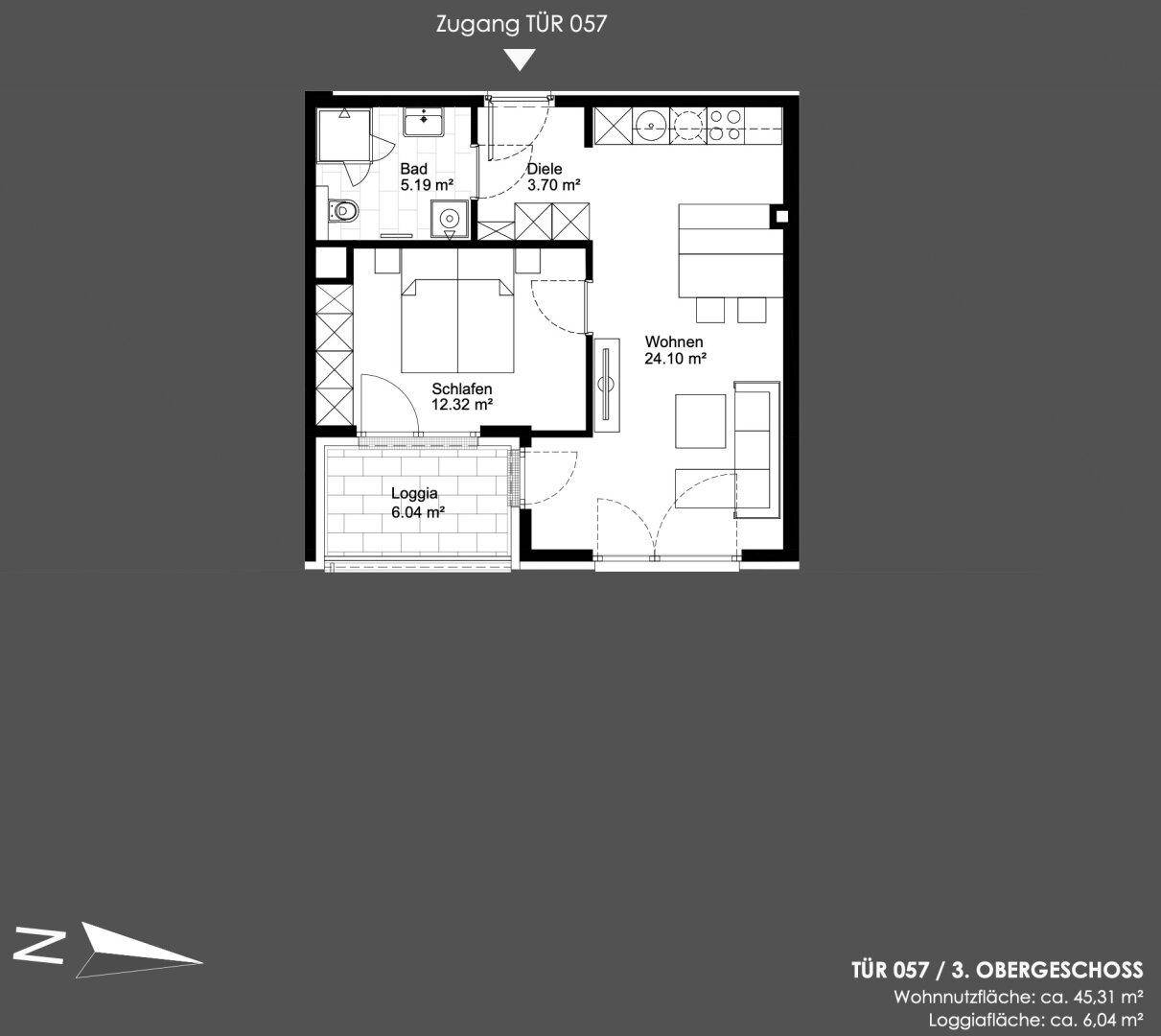 Kompakter Grundriss einer Wohnung mit Schlafzimmer, Bad, Diele und offenem Wohn-Essbereich mit Loggia.