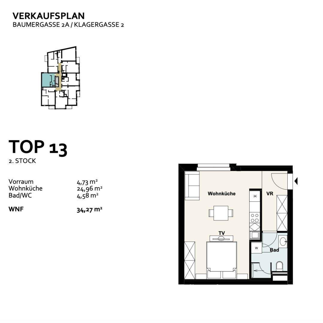 Grundriss für Top 13 mit offener Wohnküche, Bad/WC und Vorraum auf 34,27 m² Wohnfläche.