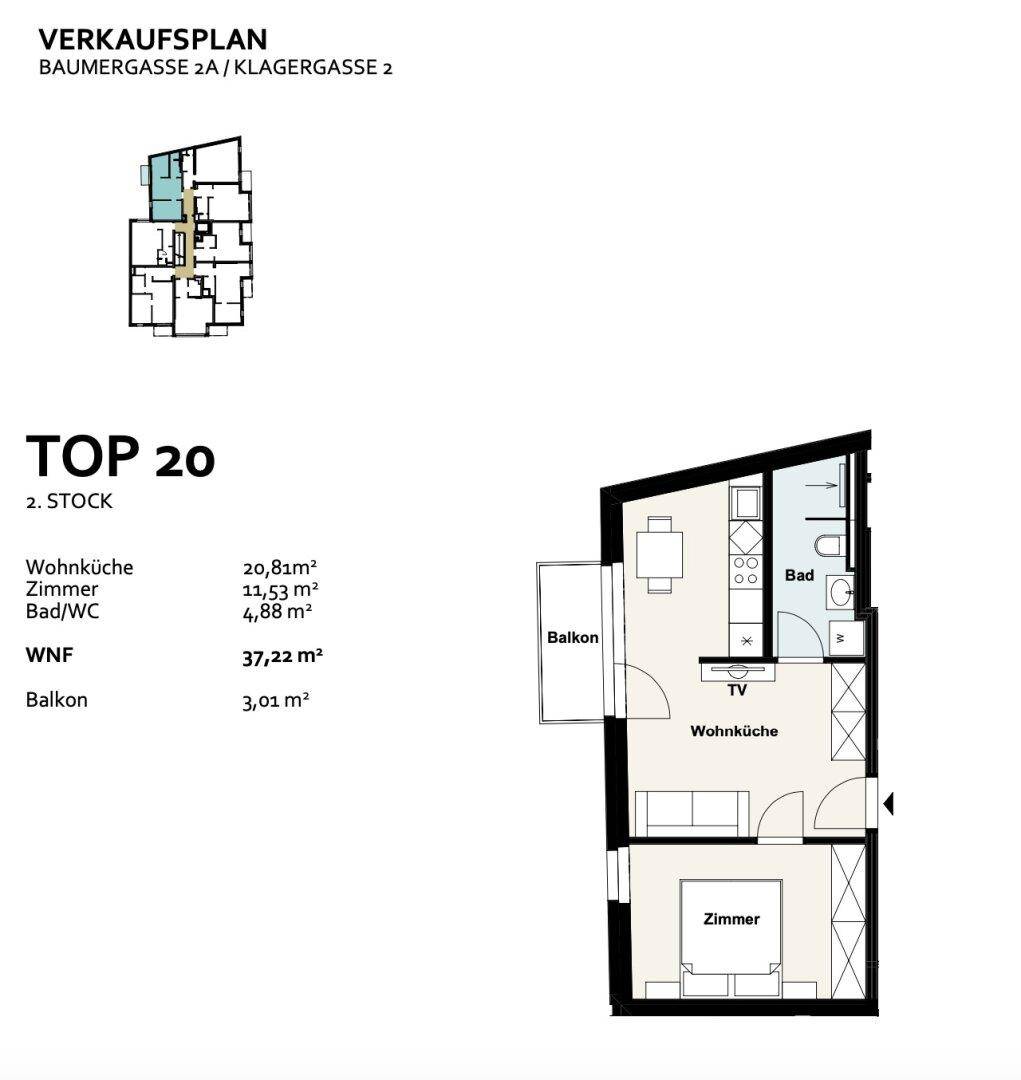 Grundriss der Einheit TOP 20 mit Wohnküche, Zimmer, Bad/WC und Balkon.