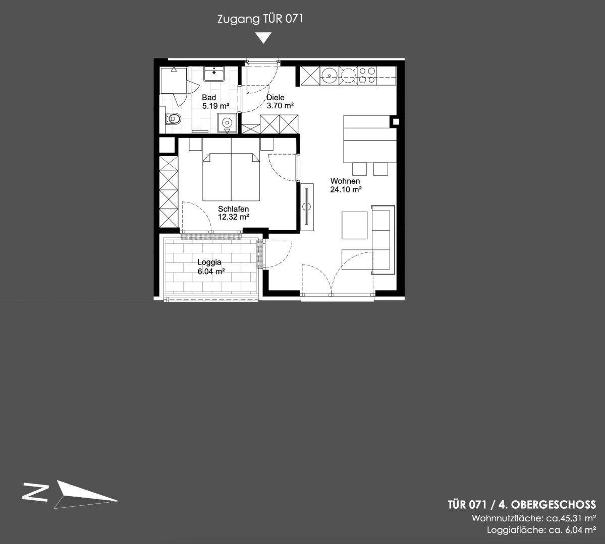 Grundriss der Wohnung 071 im 4. Obergeschoss mit Schlafzimmer, Bad, Wohnbereich und Loggia.