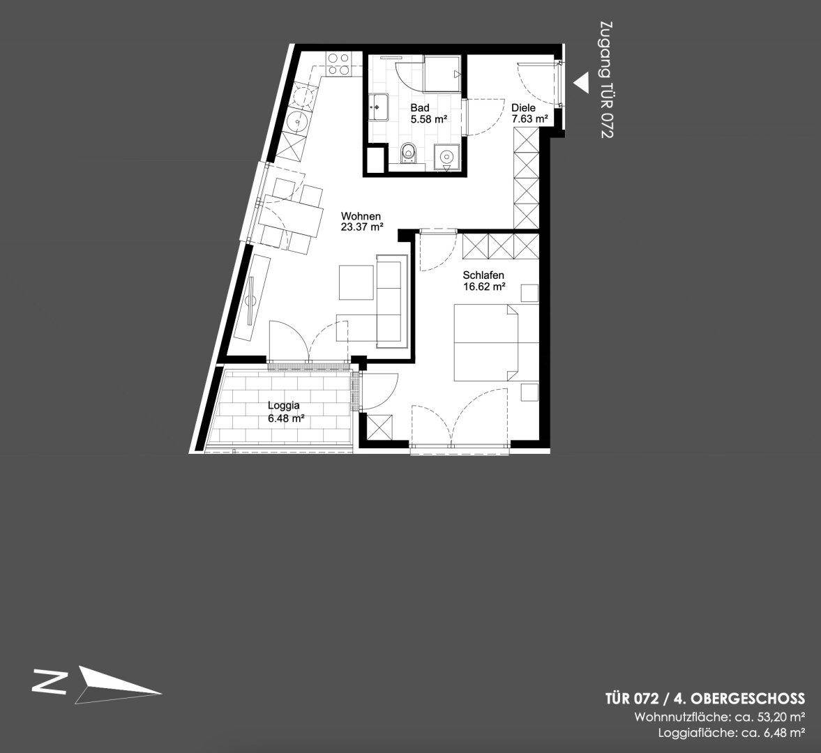 Grundriss einer Wohnung im 4. Obergeschoss mit Wohnzimmer, Schlafzimmer, Bad und Loggia.