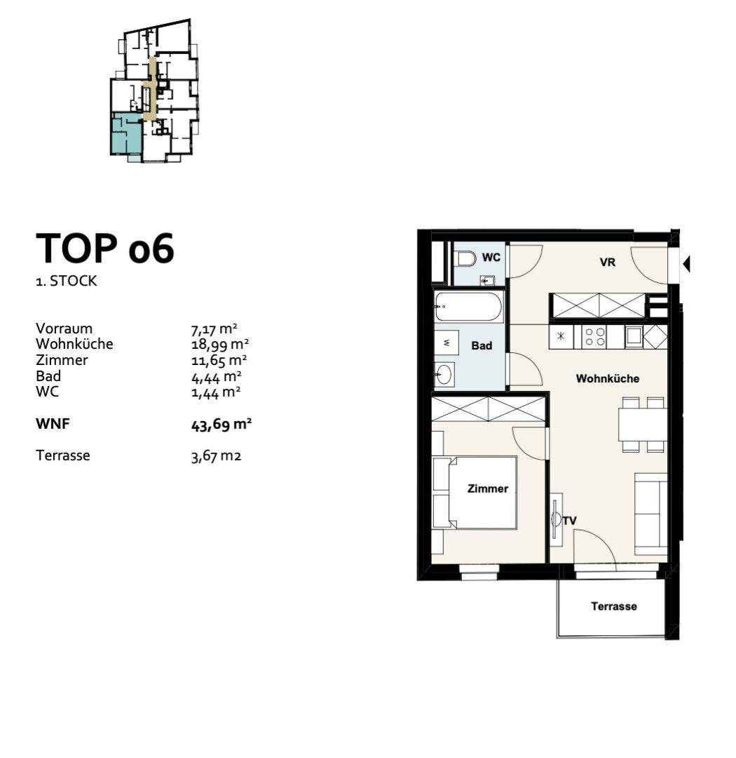 Grundriss der Wohnung TOP 06 mit Wohnküche, Zimmer, Bad und Terrasse.