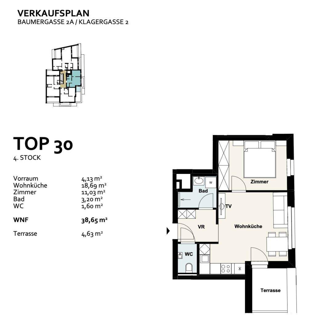 Grundriss einer Wohnung im 4. Stock mit Wohnküche, Schlafzimmer und Terrasse.