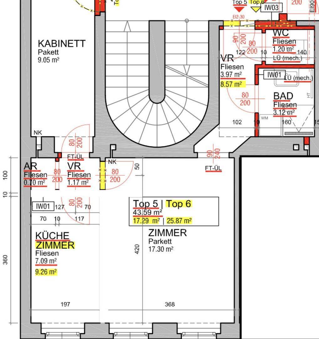 Grundriss einer Etage mit verschiedenen Zimmern, Bad, WC und Vorräumen.