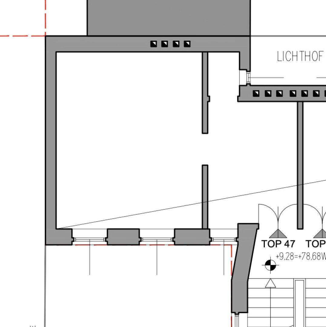 Grundrissplan einer Wohnung mit mehreren Räumen und einem Lichthof zur Belichtung.