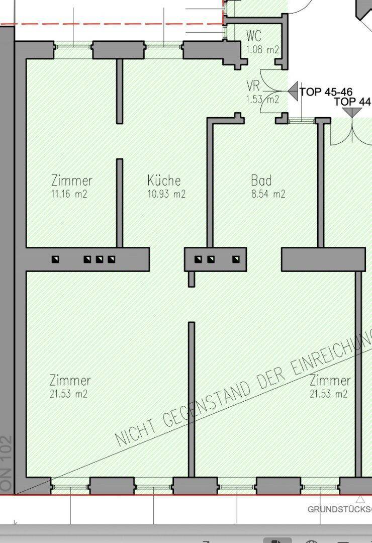 Grundriss einer Wohnung mit mehreren Zimmern, Küche, Bad und WC, inklusive Flächenangaben.