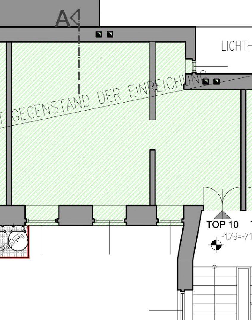 Grundriss einer Wohnung mit offenem Layout, Treppenhauszugang und potenziellen Fensterbereichen.
