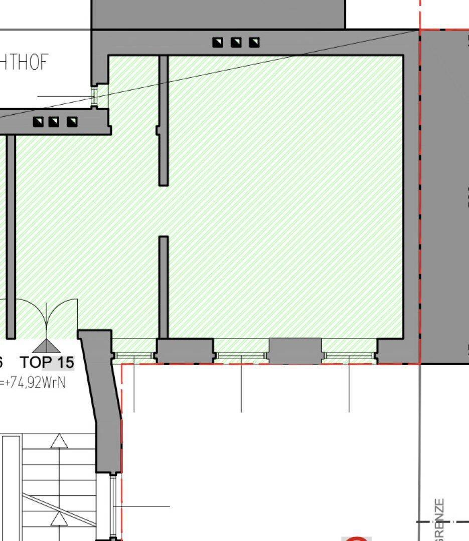 Grundriss einer Wohnung mit mehreren Räumen und einem angrenzenden Treppenhaus.