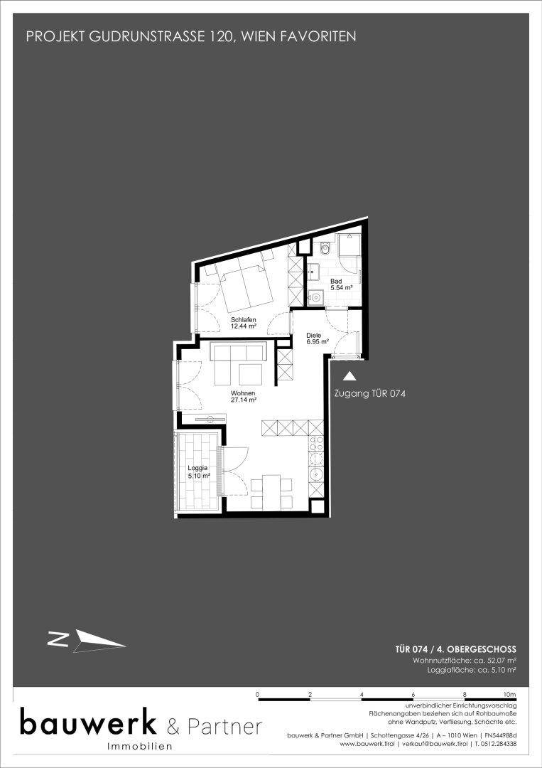 Grundriss einer Wohnung im 4. Obergeschoss mit Schlafzimmer, Wohnbereich und Loggia.