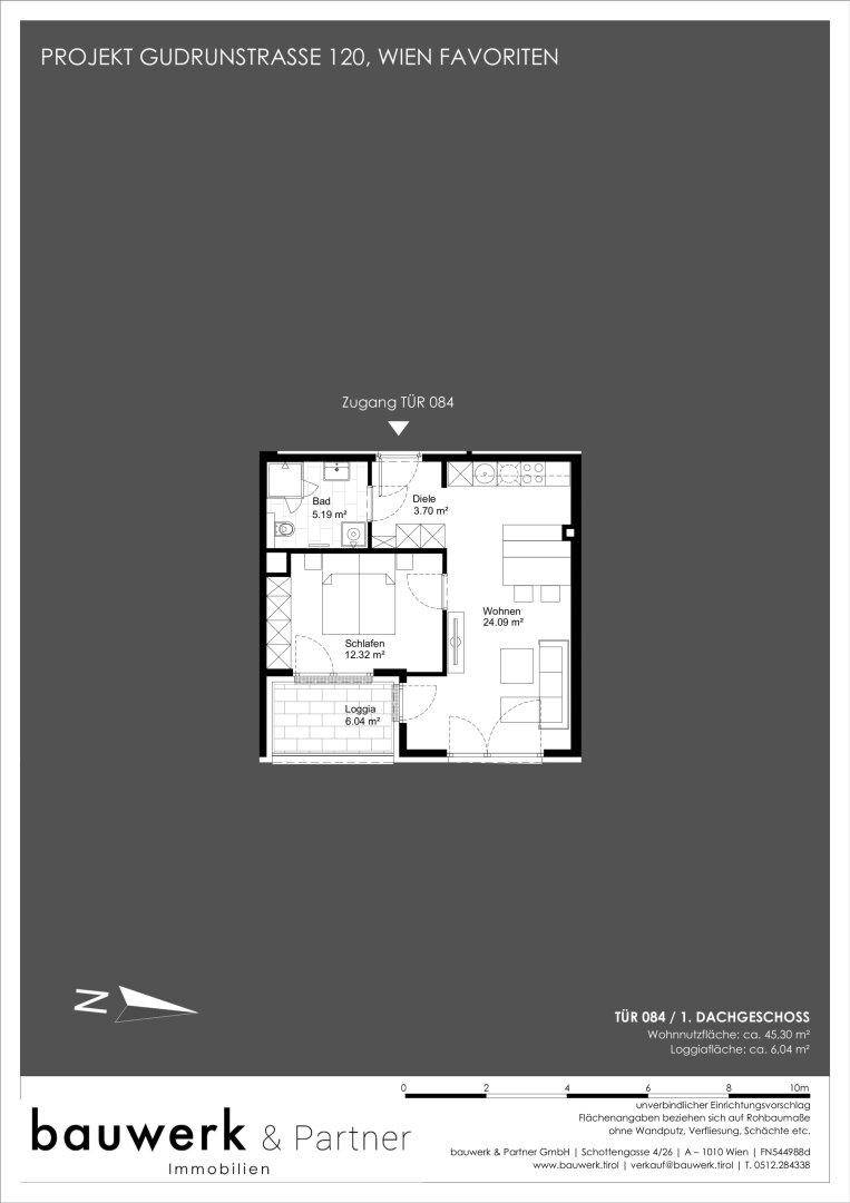 Grundriss einer Dachgeschosswohnung mit einem Schlafzimmer, Bad, Diele, Wohnbereich und Loggia.