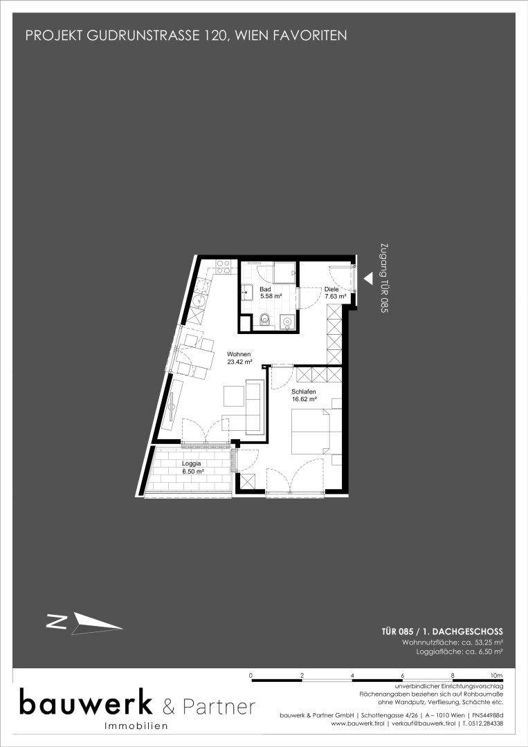 Detaillierter Grundriss einer Wohnung mit offenem Wohnbereich, Schlafzimmer, Bad und einer Loggia.