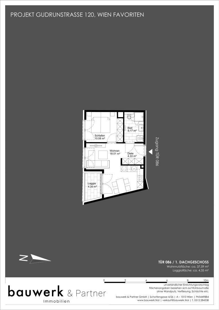 Grundriss einer kompakten Wohnung mit Schlafzimmer, Wohnbereich, Bad und Loggia im Dachgeschoss.