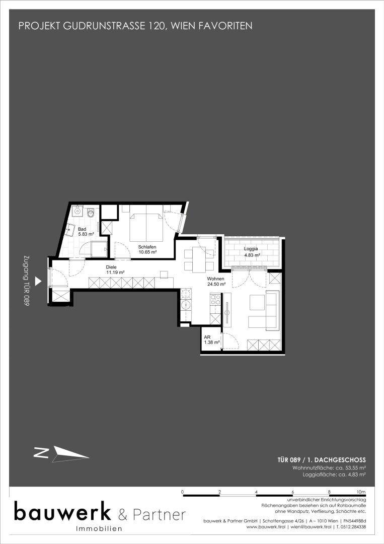 Detaillierter Grundriss einer modernen Wohnung mit einem Schlafzimmer, offenem Wohnbereich und einer Loggia.