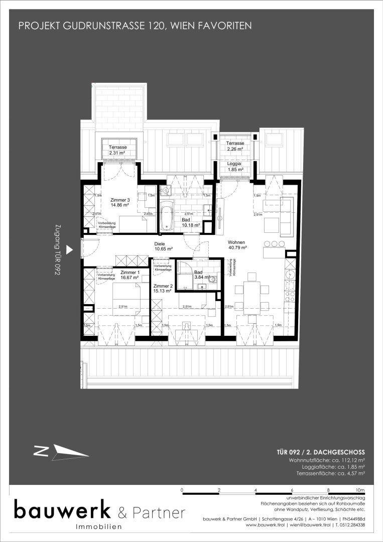 Grundriss einer Dachgeschosswohnung mit offenem Wohnbereich, zwei Bädern, Loggia und zwei Terrassen.
