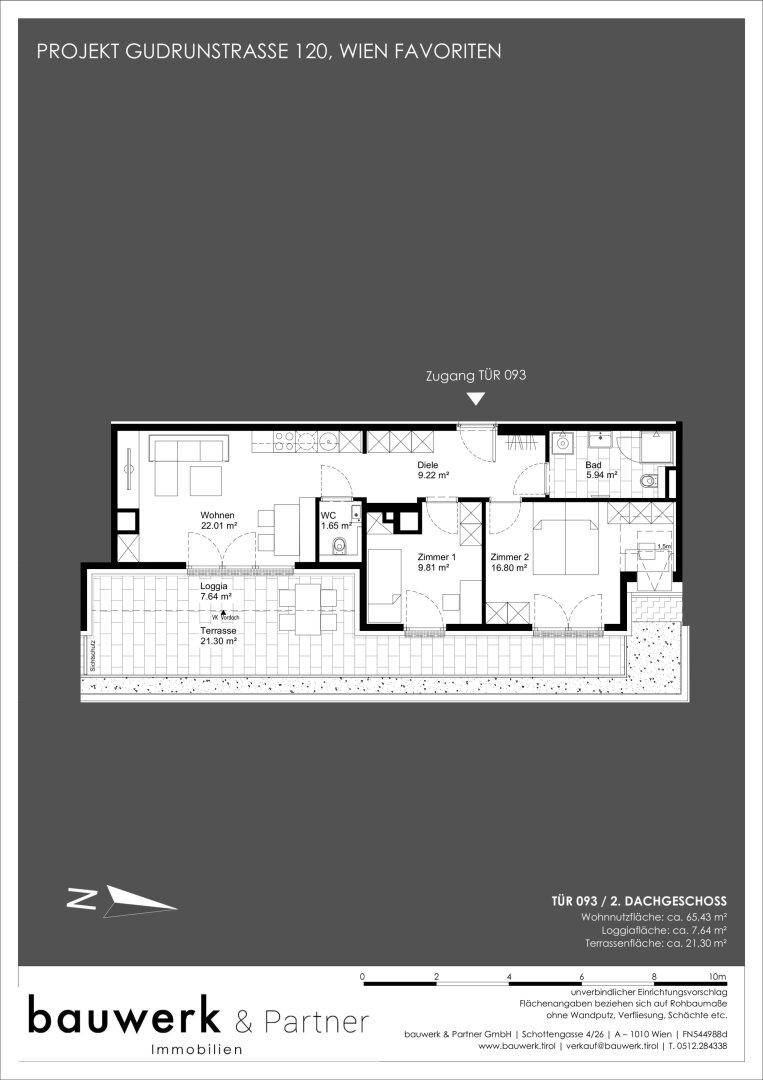 Grundriss einer modernen Wohnung mit offenem Wohnbereich, zwei Schlafzimmern, Bad, separatem WC, Loggia und großer Terrasse.