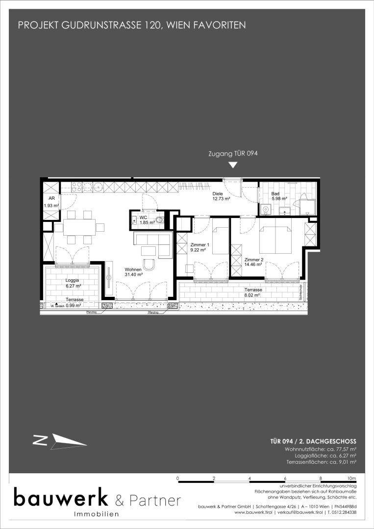 Grundrissplan einer Dachgeschosswohnung mit offenem Wohnbereich, zwei Schlafzimmern, Loggia und Terrasse.