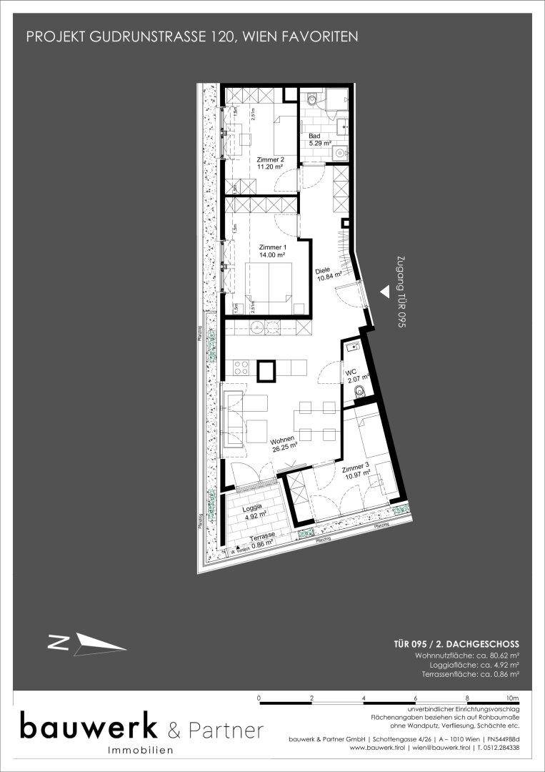 Grundriss einer Wohnung mit drei Schlafzimmern, offenem Wohnbereich, Bad, separatem WC, Loggia und Terrasse.
