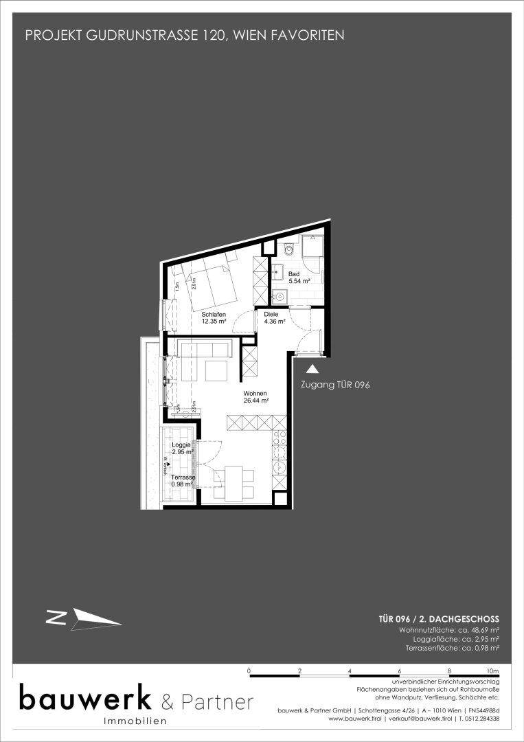 Grundriss einer Wohnung in Wien Favoriten mit offenem Wohnbereich, integrierter Küche, Schlafzimmer, Bad, Loggia und Terrasse.