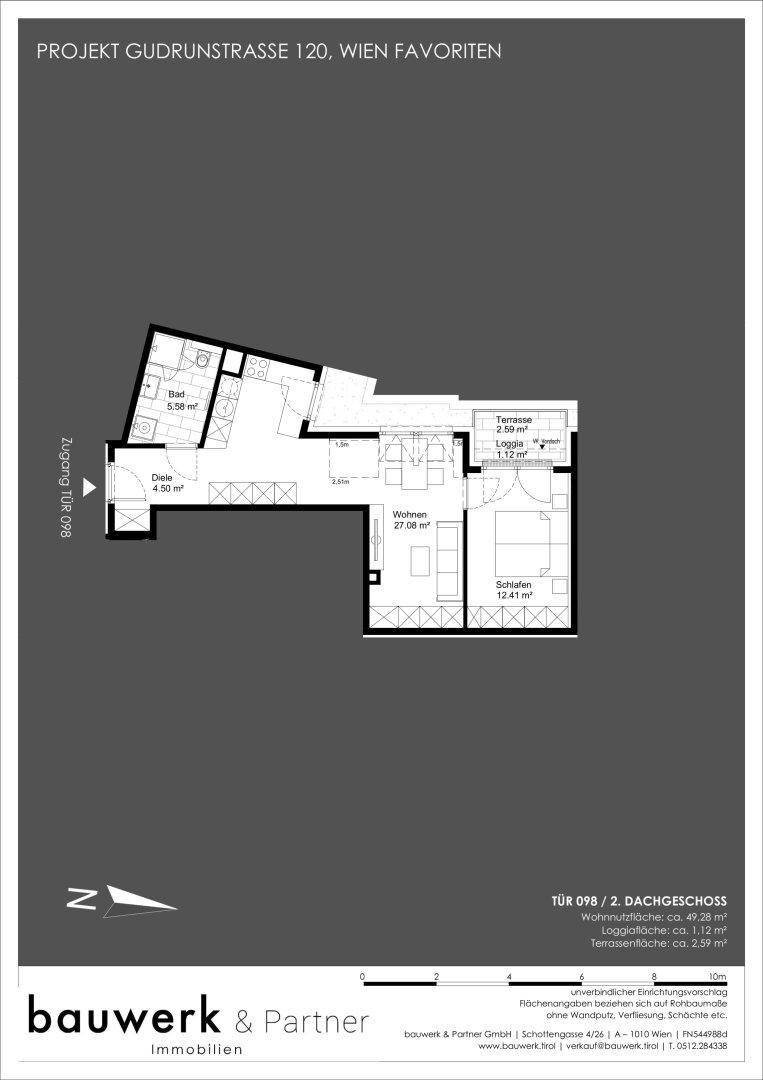 Grundriss einer Wohnung mit offenem Wohnbereich, einem Schlafzimmer, Bad, Loggia und Terrasse.
