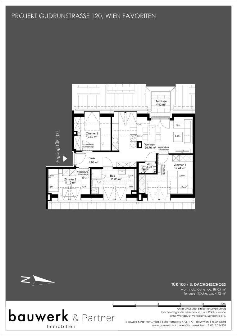 Grundriss einer Dachgeschosswohnung mit drei Zimmern, offenem Wohnbereich, Bad, separatem WC und Terrasse.