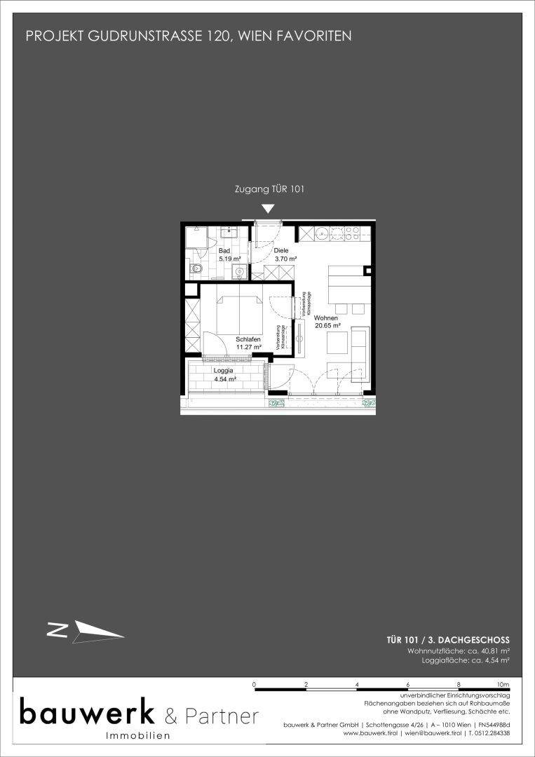 Grundriss einer Wohnung mit einem Schlafzimmer, Bad, Diele, Wohnbereich und Loggia.