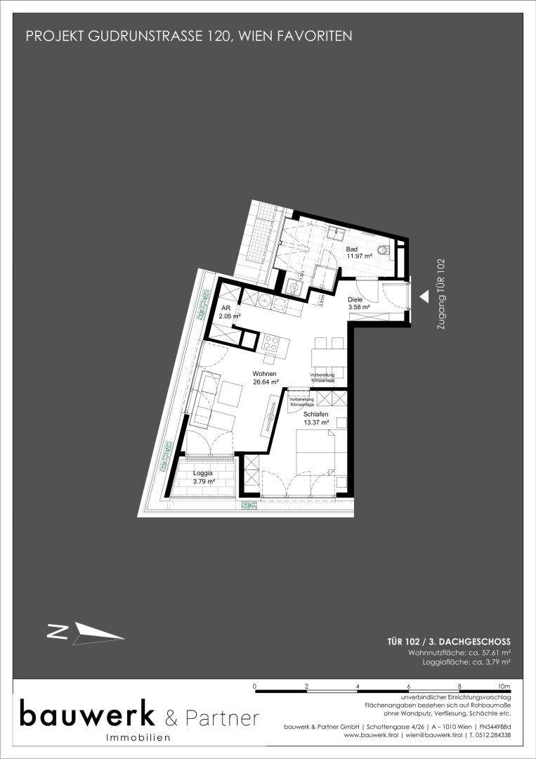 Grundriss einer Dachgeschosswohnung mit Loggia, einem Schlafzimmer und offenem Wohnbereich.