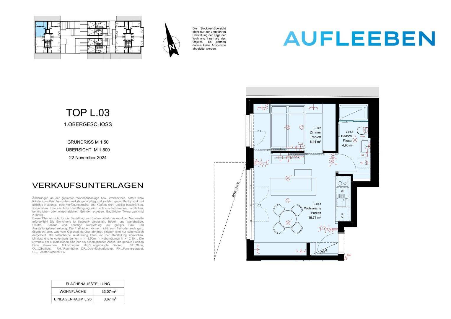 Grundriss einer modernen Wohnung im ersten Obergeschoss mit offenem Wohnbereich, Schlafzimmer und Balkon.