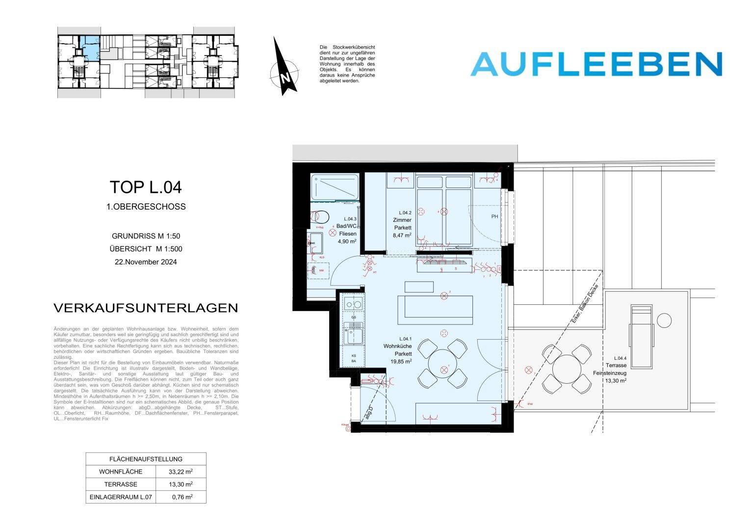 Grundriss einer Wohnung im ersten Obergeschoss mit offener Wohnküche, einem Schlafzimmer, Bad und Terrasse.