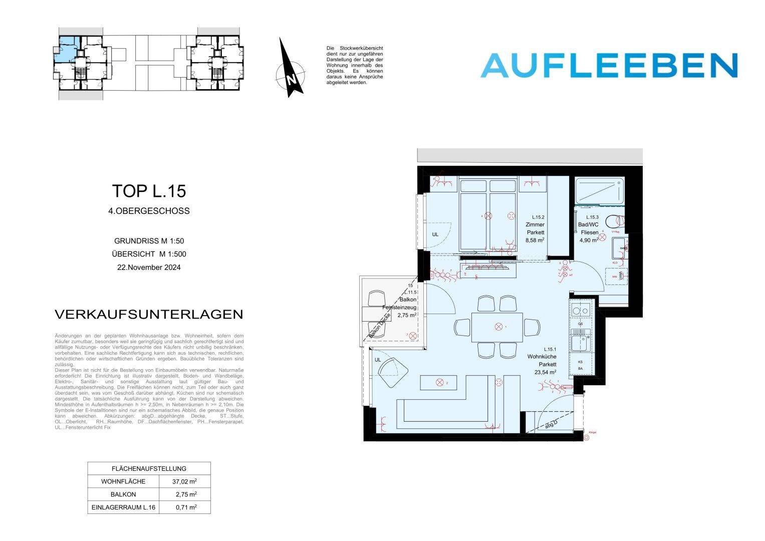 Grundriss einer modernen Wohnung mit offenem Wohnbereich, einem Schlafzimmer, Badezimmer und Balkon.
