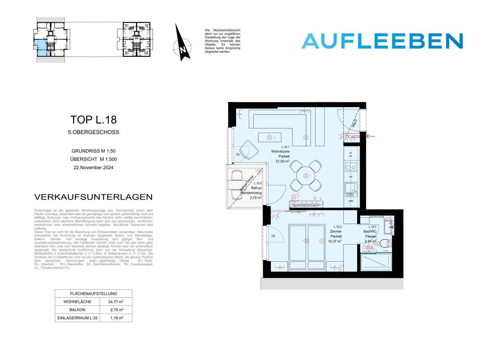 Grundriss der Wohnung TOP L.18 im 5. Obergeschoss mit offenem Wohnbereich, Balkon und einem Badezimmer.
