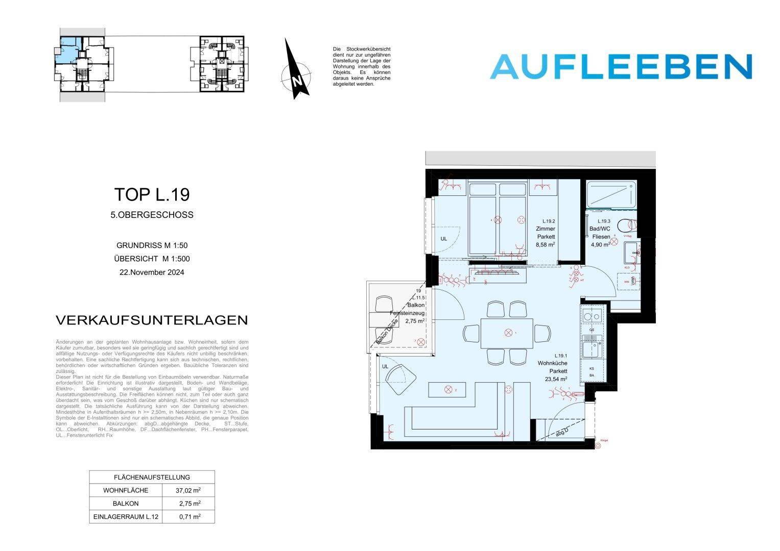 Grundriss einer Wohnung im 5. Obergeschoss mit offener Wohnküche, einem Schlafzimmer, Bad und Balkon.