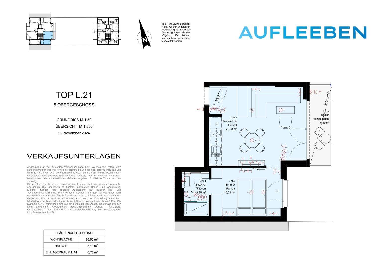Grundriss einer modernen Wohnung im 5. Obergeschoss mit offenem Wohnbereich, Balkon und einem Schlafzimmer.