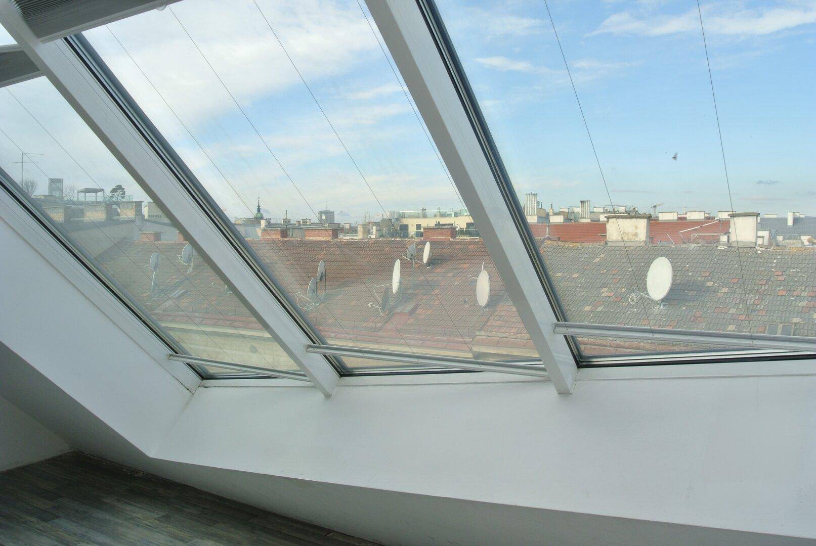 Dachfenster bieten einen weiten Blick über die Dächer der Stadt und sorgen für viel Tageslicht.