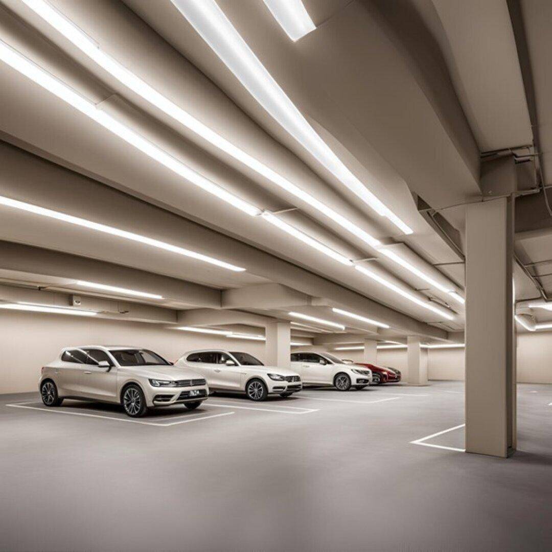 Moderne und helle Tiefgarage mit sauberem Betonboden und mehreren geparkten Fahrzeugen.