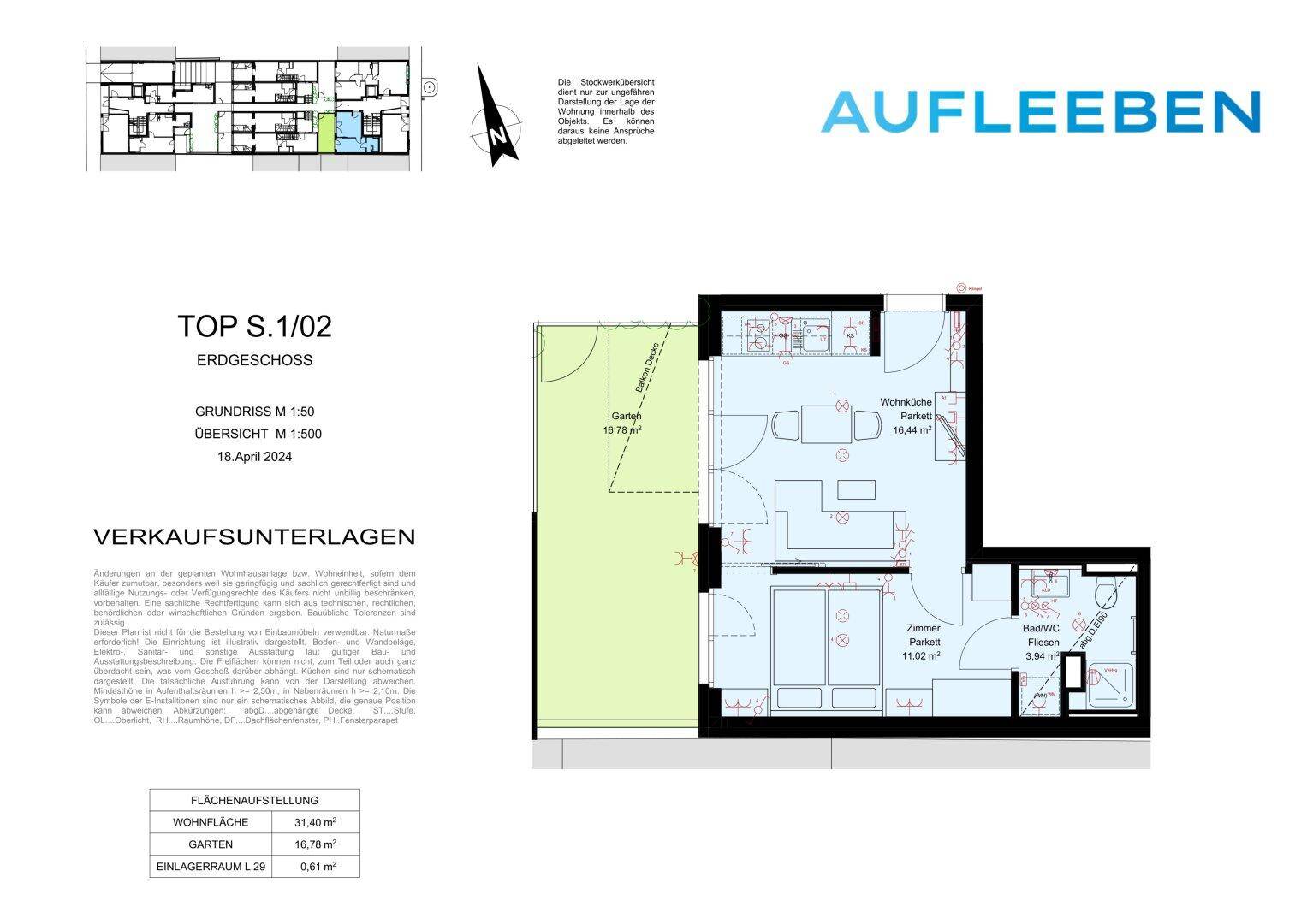 Grundriss einer Erdgeschosswohnung mit offenem Wohn-Essbereich, einem Schlafzimmer und privatem Garten.