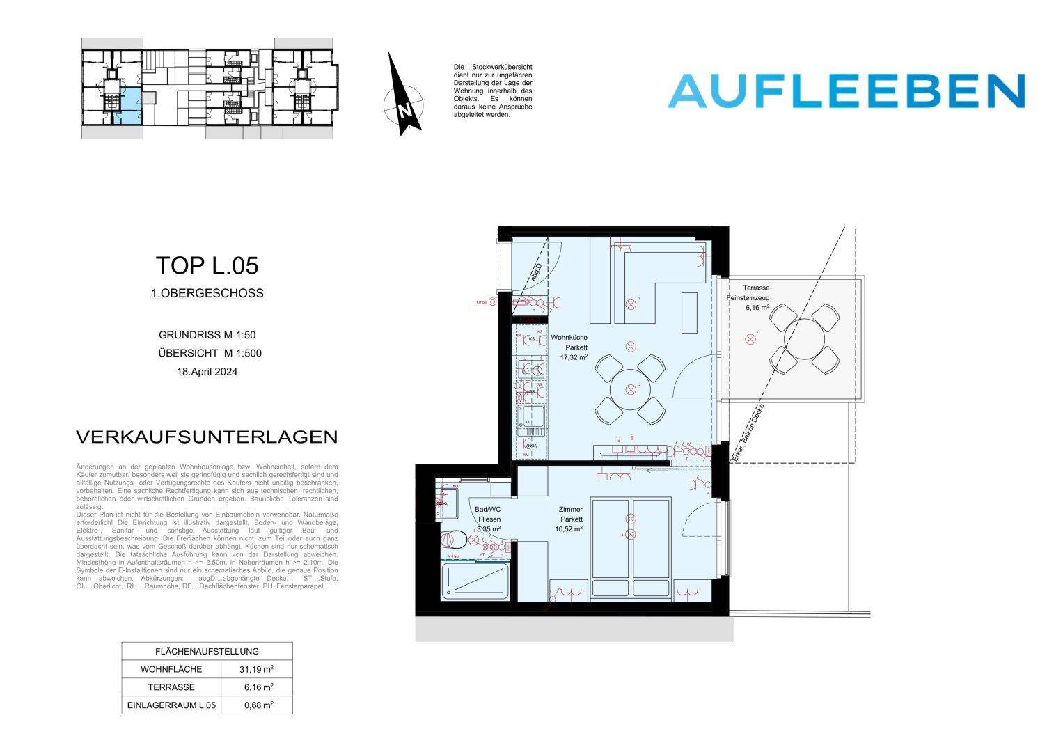 Detaillierter Grundriss einer Wohnung mit offenem Wohn- und Essbereich, einem Schlafzimmer und einer angrenzenden Terrasse.