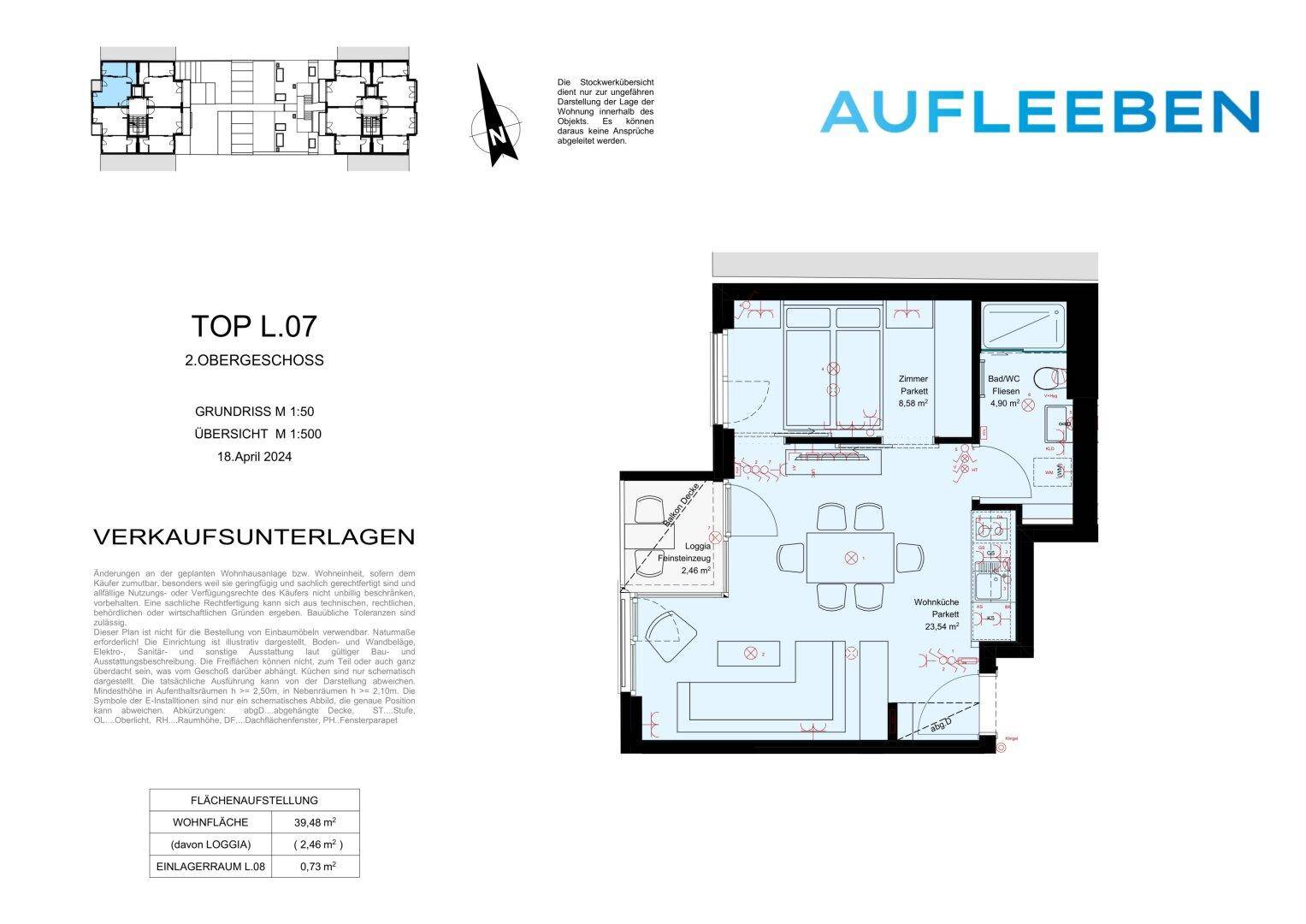 Grundriss der Wohnung TOP L.07 im 2. Obergeschoss mit offenem Wohnbereich, Schlafzimmer, Bad und Loggia.