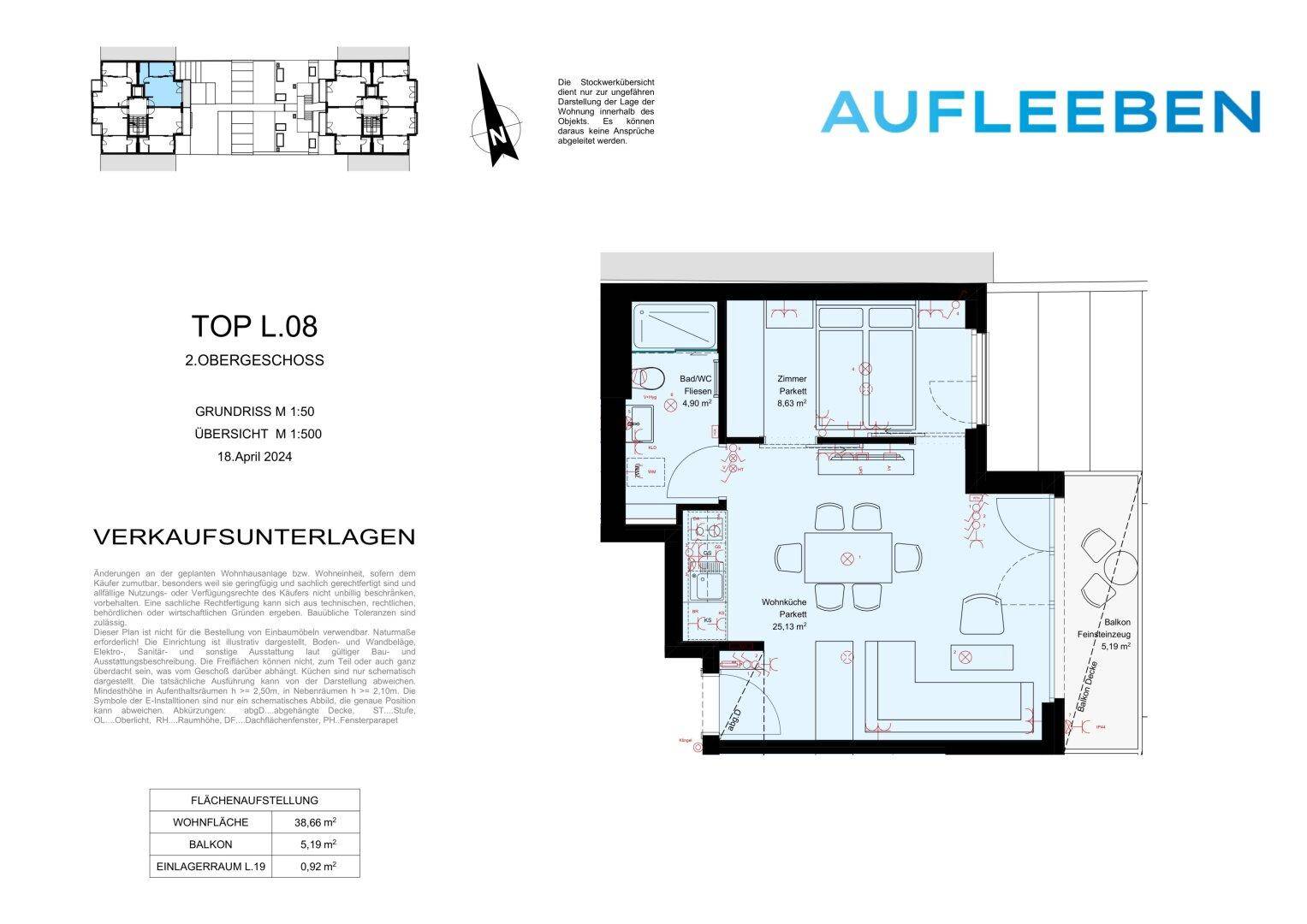 Grundriss einer Wohnung mit offenem Wohn- und Essbereich, Schlafzimmer, Bad und Balkon.