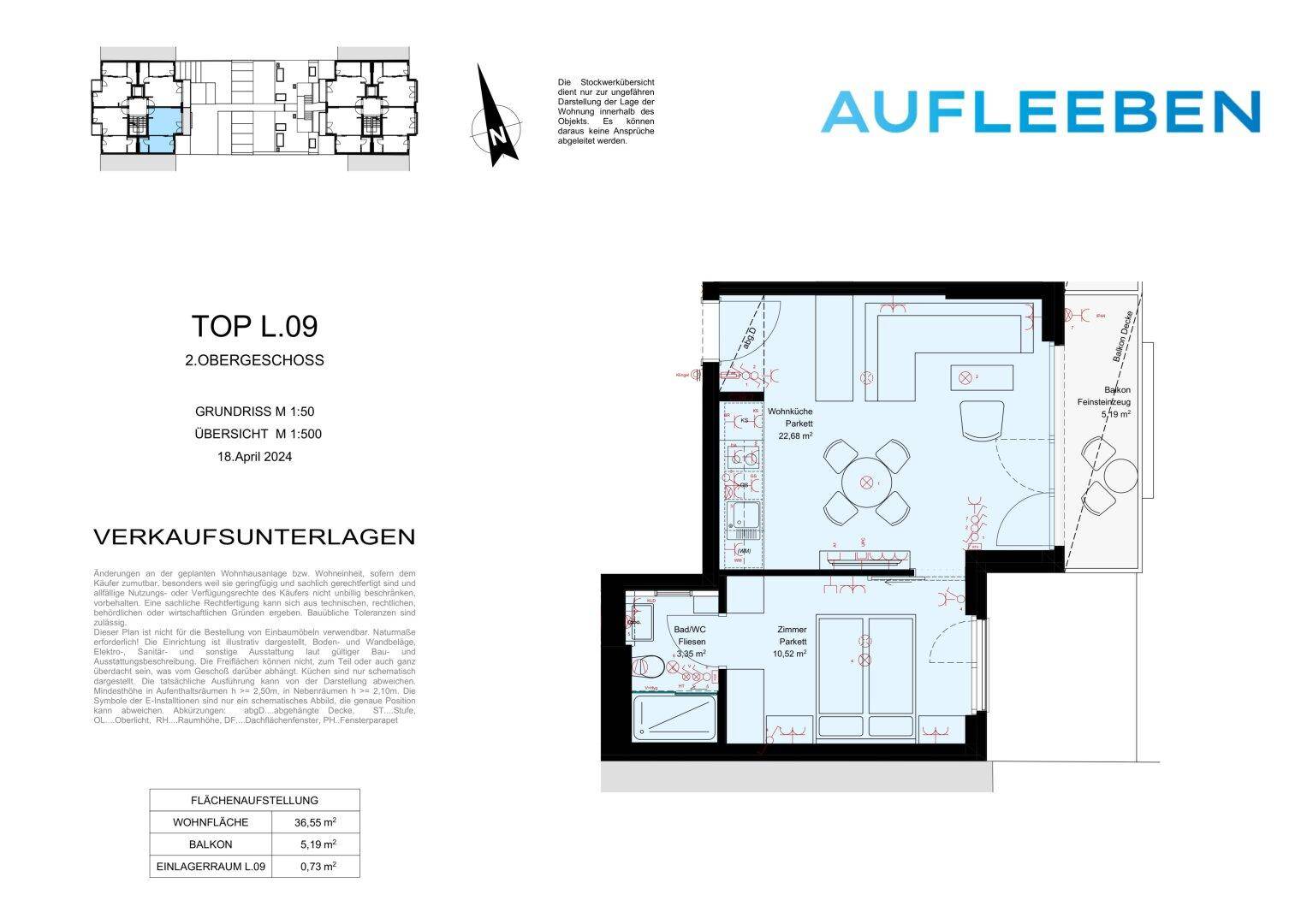Grundriss der Wohnung TOP L.09 im 2. Obergeschoss mit offener Wohnküche, einem Zimmer, Bad und Balkon.
