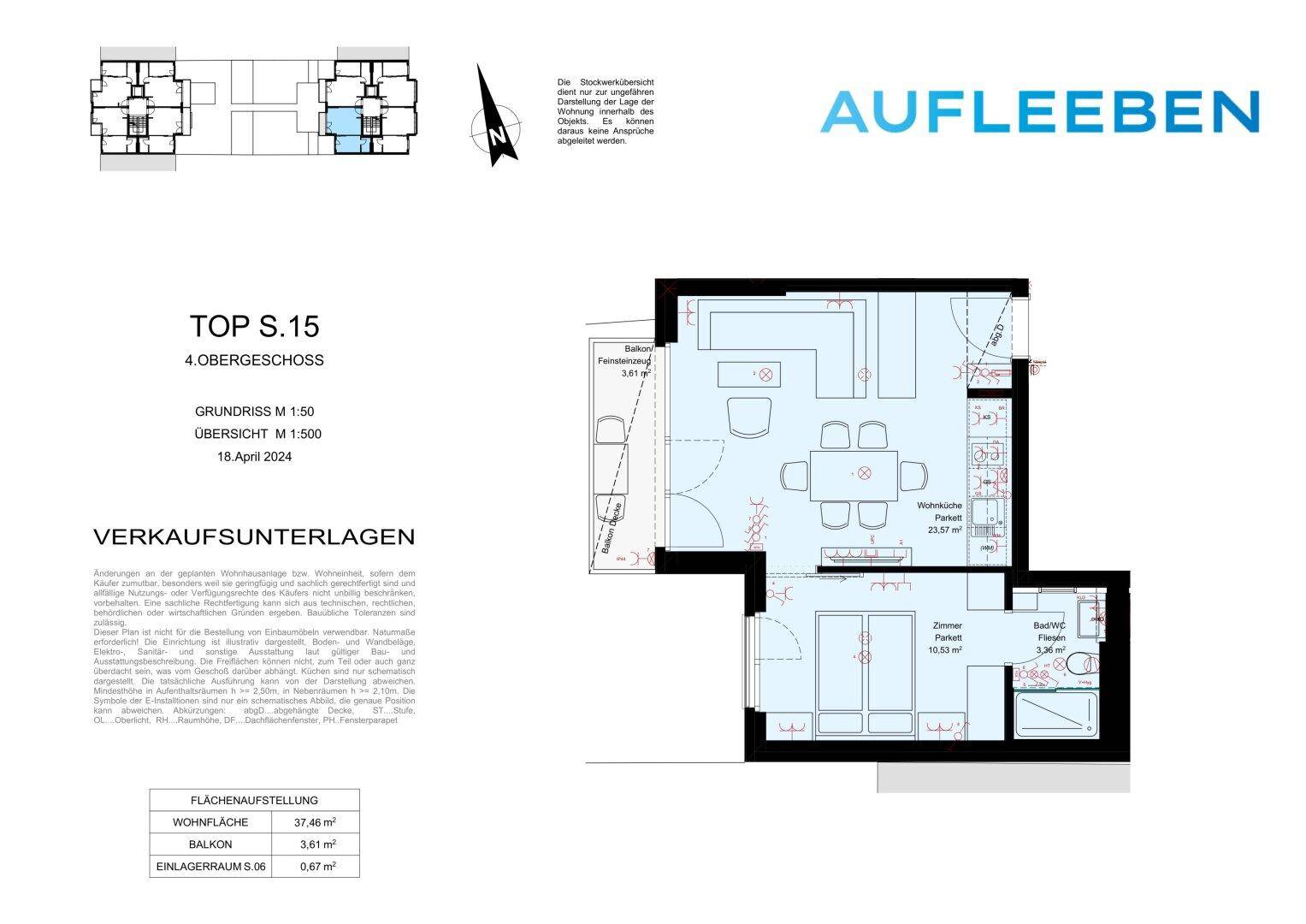 Grundriss einer Wohnung im 4. Obergeschoss mit offenem Wohn-Essbereich, Schlafzimmer, Bad und Balkon.
