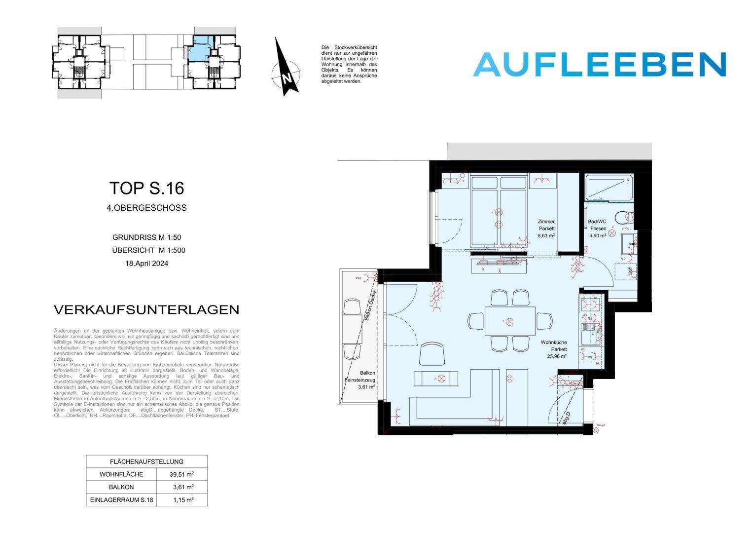 Wohnungsgrundriss mit offener Wohnküche, einem Schlafzimmer, einem Badezimmer und Balkonzugang.