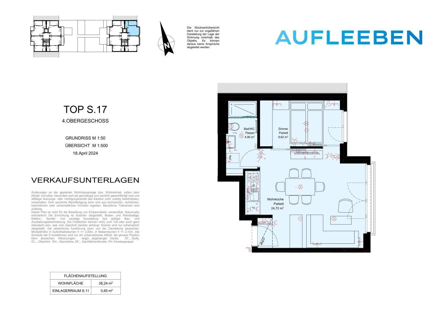 Detaillierter Grundriss einer modernen Wohnung mit offenem Wohnbereich, Schlafzimmer, Bad und Balkon.