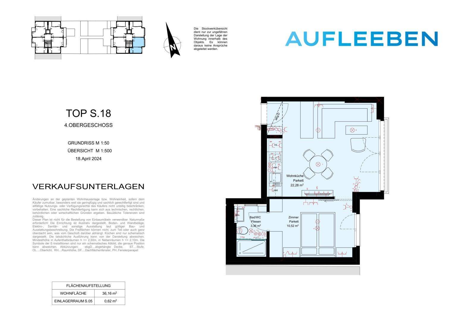 Grundriss einer Wohnung im 4. Obergeschoss mit offener Wohnküche, einem Schlafzimmer, Bad und Balkon.