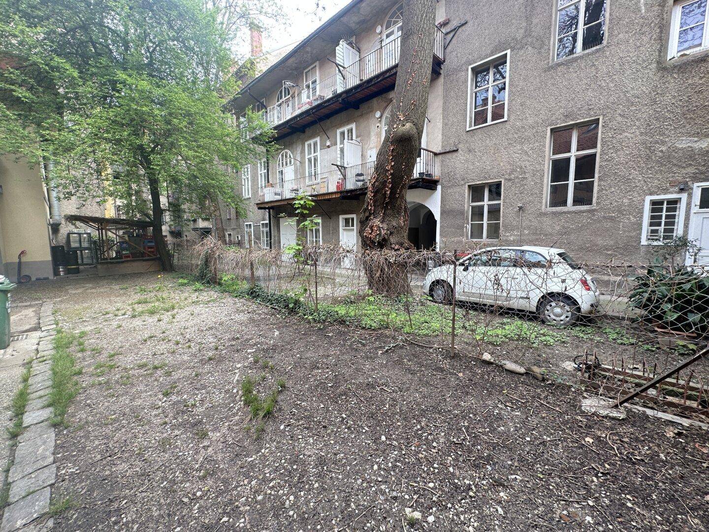 Ungepflegter Hinterhof mit Bäumen, einem geparkten Auto und der Rückseite eines alten Gebäudes.