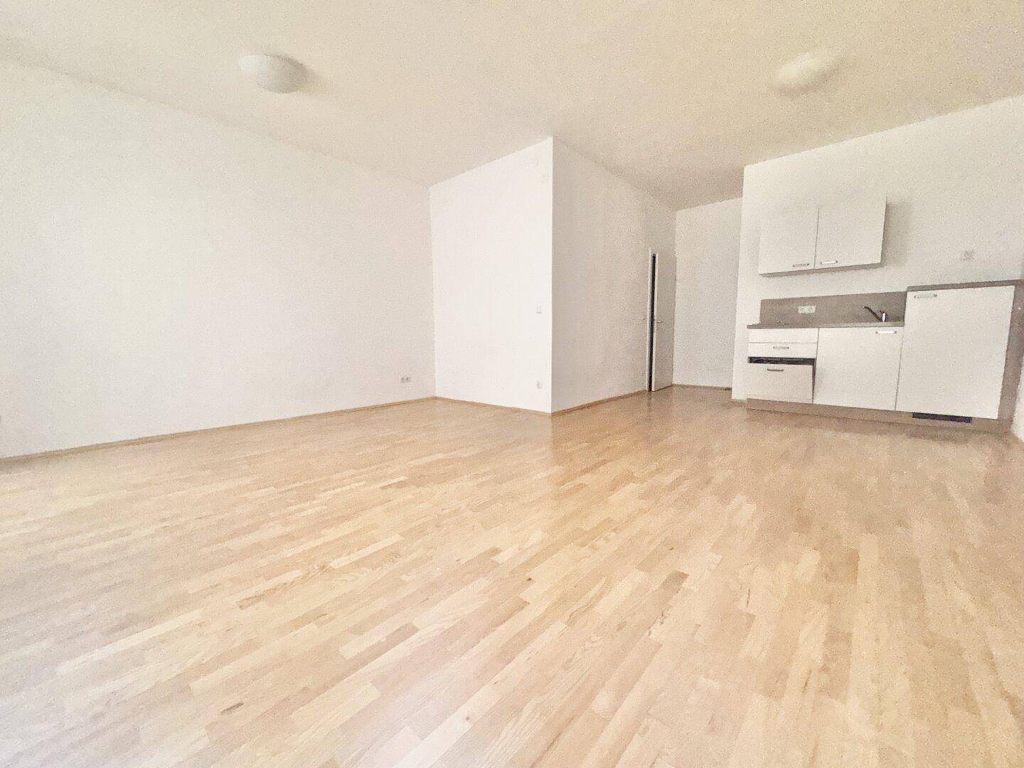Helles Wohnzimmer mit Parkettboden und integrierter Küchenzeile in modernem Stil.
